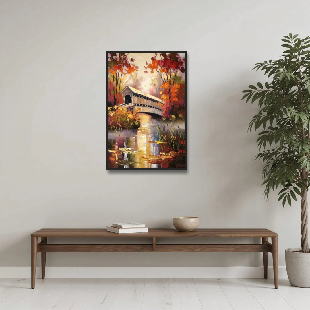 New Hope Covered Bridge Scene - Black Framed Canvas Wall Art - Coffee Table - 24x36