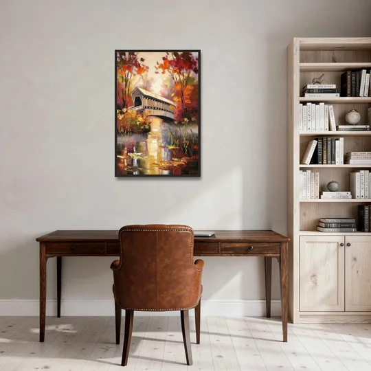 New Hope Covered Bridge Scene - Black Framed Canvas Wall Art - Office - 24x36