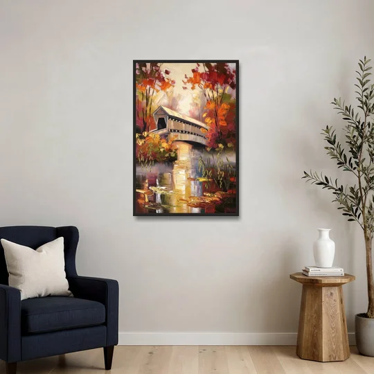 New Hope Covered Bridge Scene - Black Framed Canvas Wall Art - Sofa - 24x36