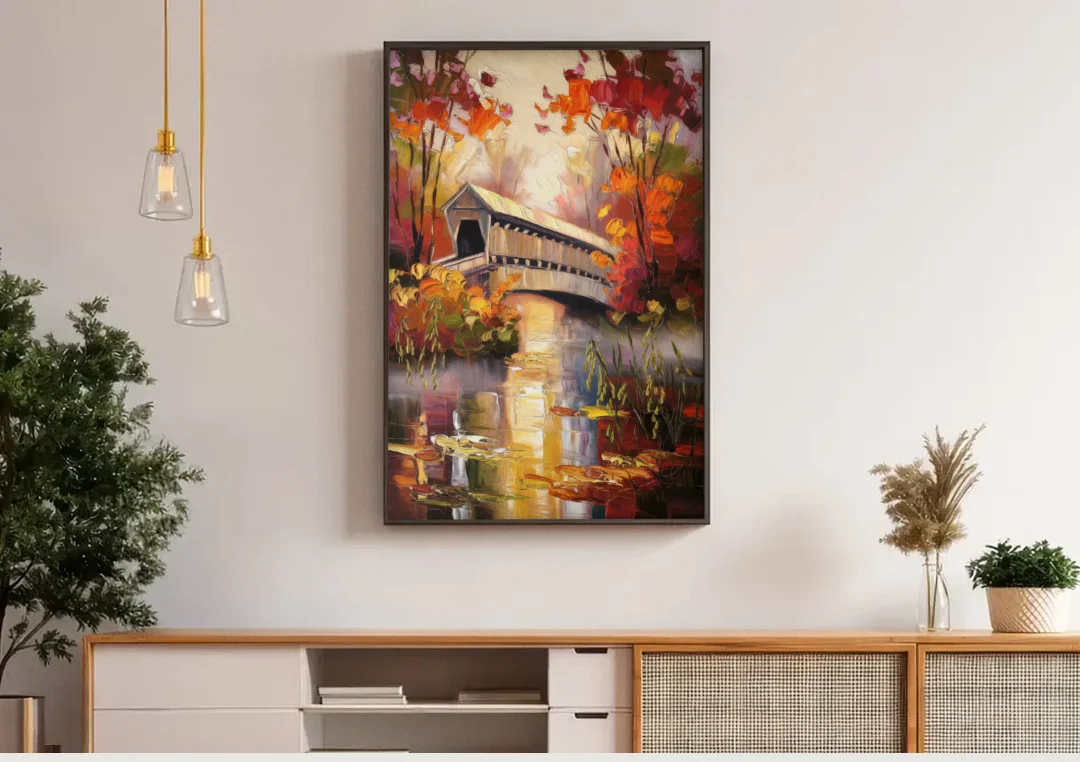New Hope Covered Bridge Scene canvas wall art above a wooden sideboard under pendant lights