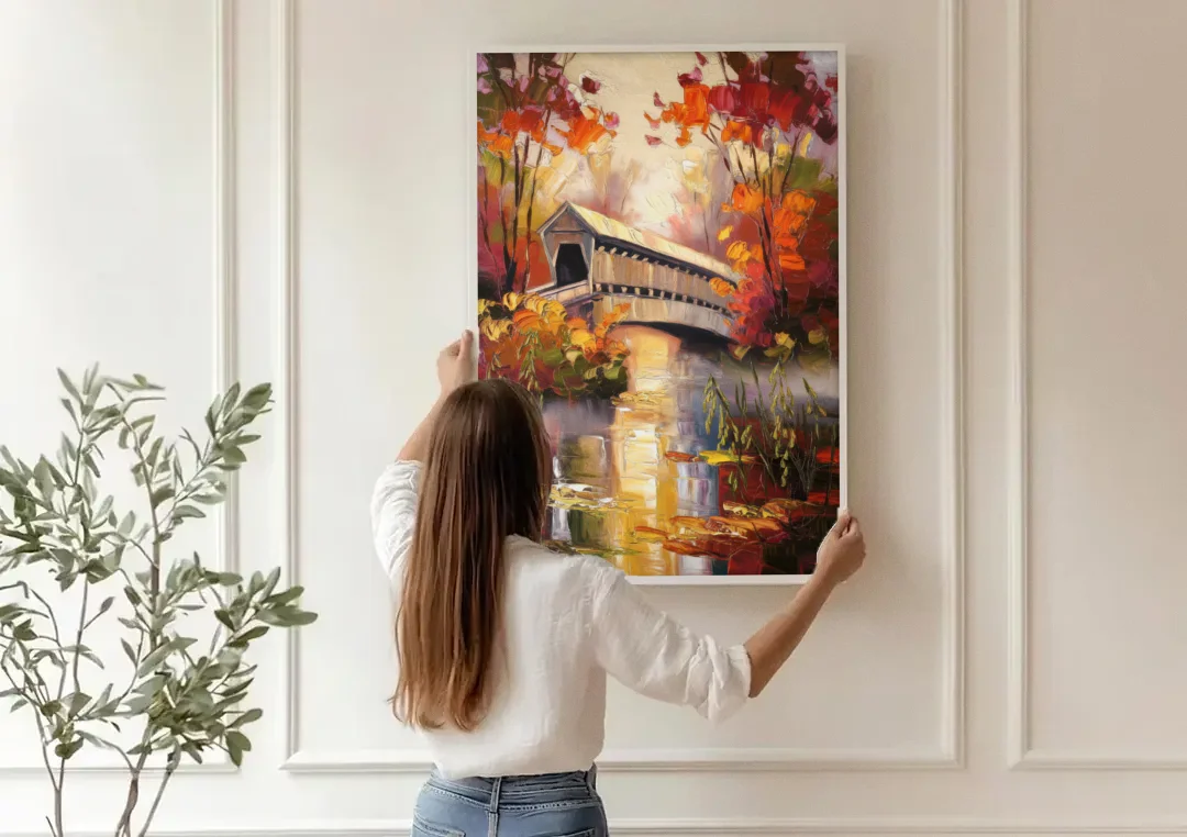 New Hope Covered Bridge Scene canvas wall art being hung on a paneled wall