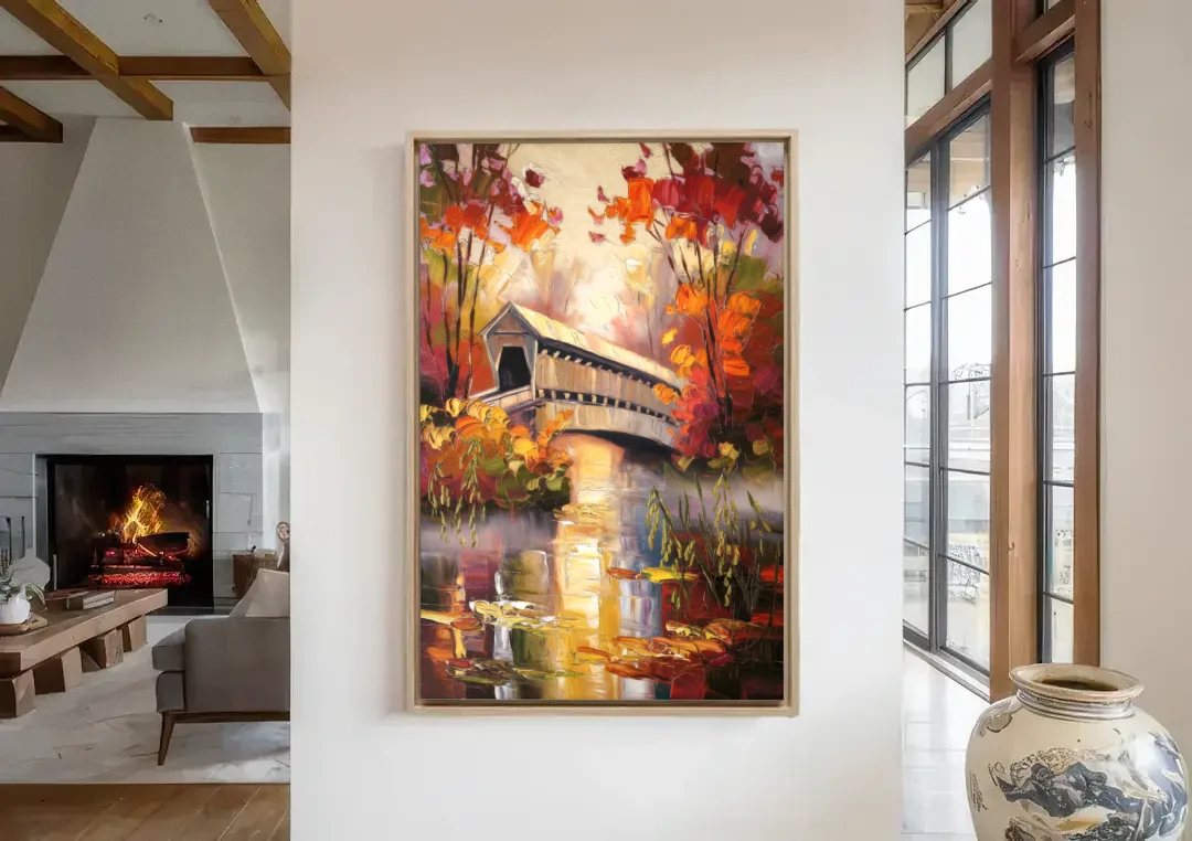 New Hope Covered Bridge Scene canvas wall art in a living room with a fireplace
