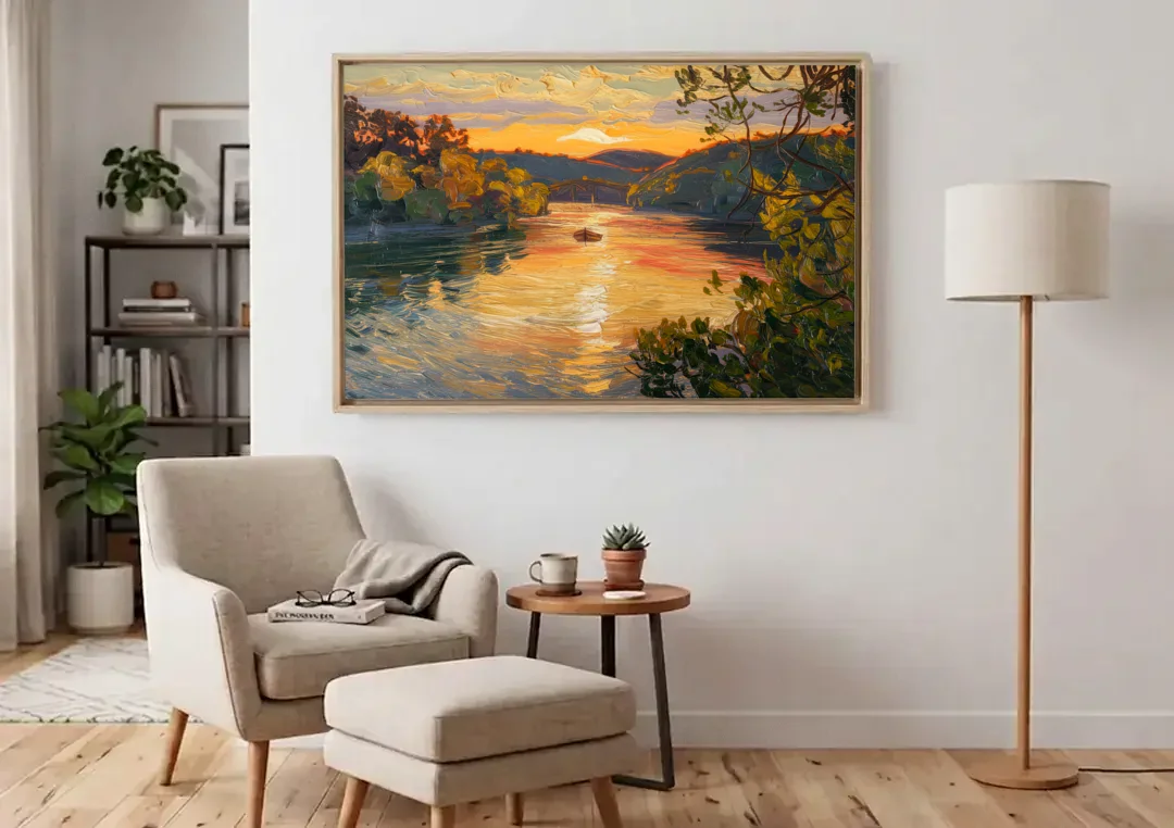 New Hope Delaware River Sunset canvas wall art above an armchair in a bright living room