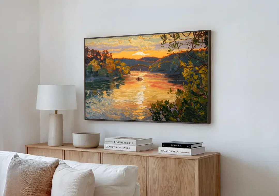 New Hope Delaware River Sunset canvas wall art above a wooden sideboard next to a sofa