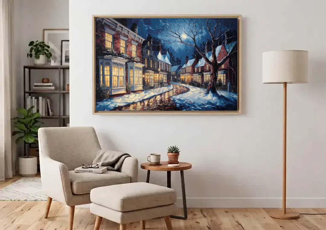 New Hope Historic Downtown canvas wall art above an armchair in a bright living room