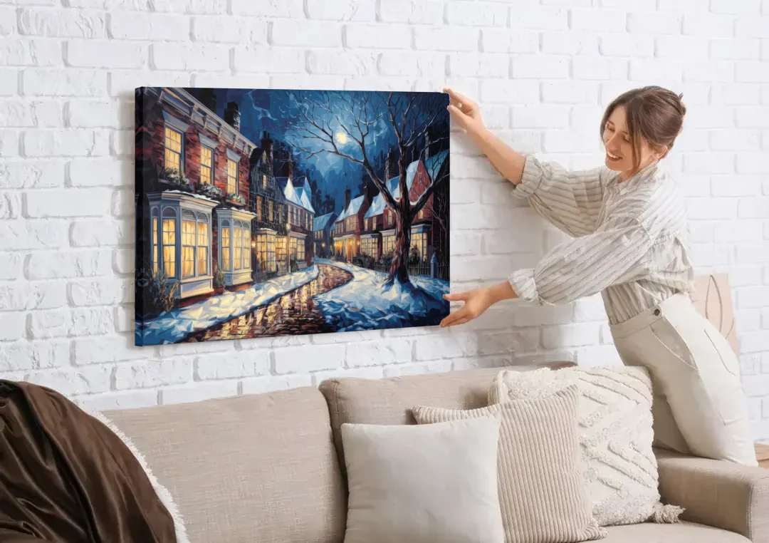 New Hope Historic Downtown canvas wall art being hung on a white brick wall above a sofa