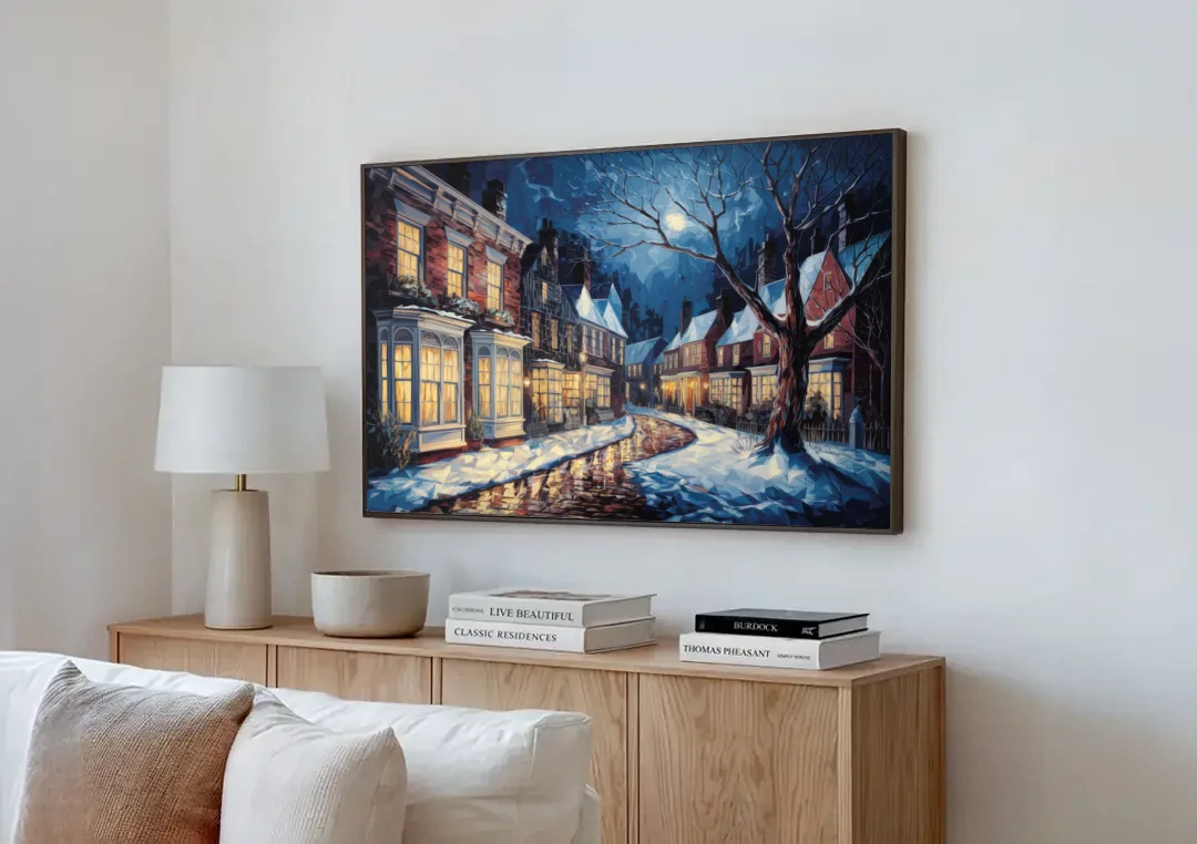New Hope Historic Downtown canvas wall art above a wooden sideboard next to a sofa