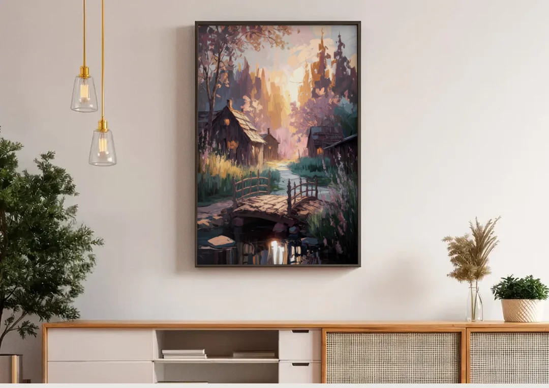 New Hope Rustic Charm canvas wall art above a wooden sideboard under pendant lights
