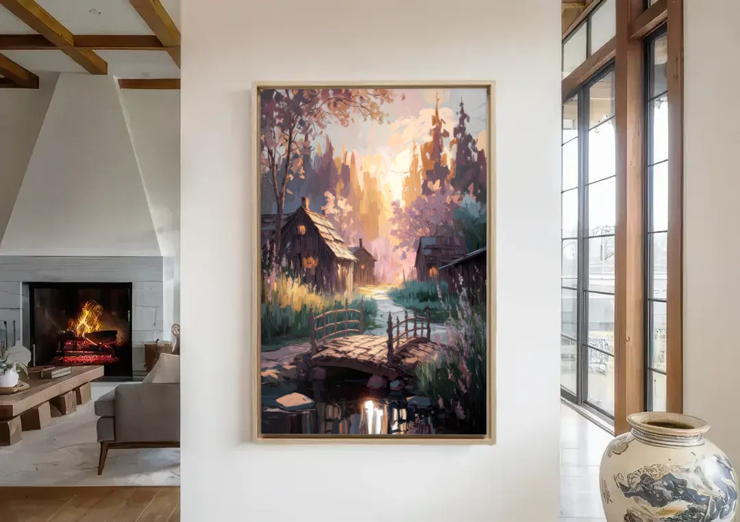 New Hope Rustic Charm canvas wall art in a living room with a fireplace