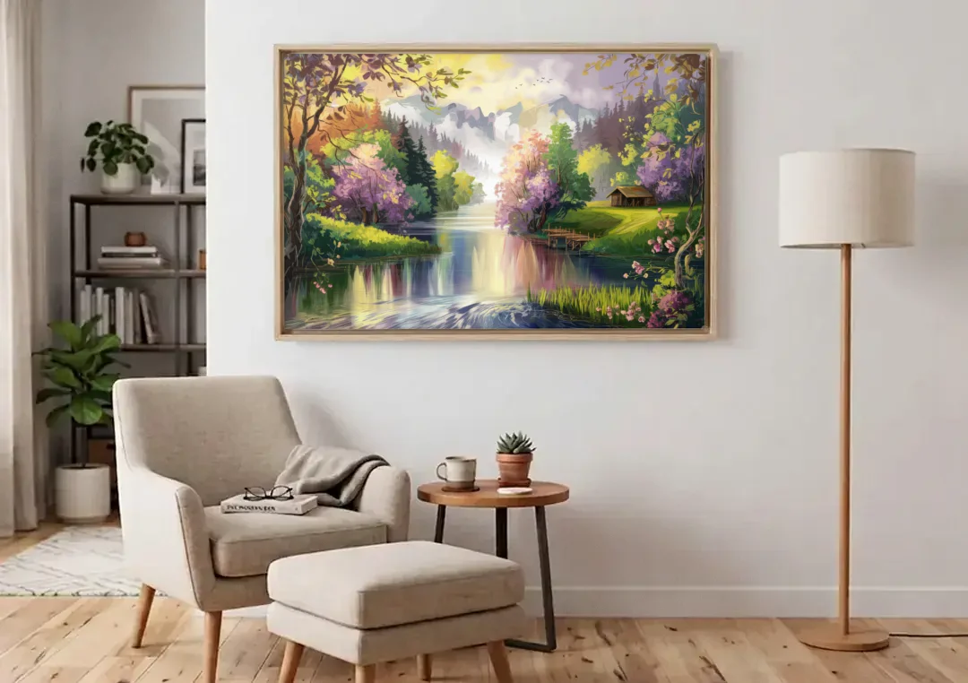 New Hope Scenic River Views canvas wall art above an armchair in a bright living room