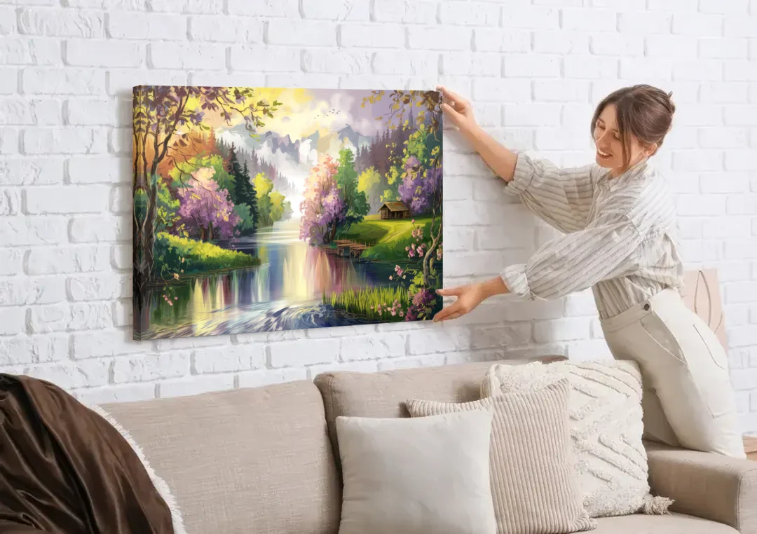 New Hope Scenic River Views canvas wall art being hung on a white brick wall above a sofa