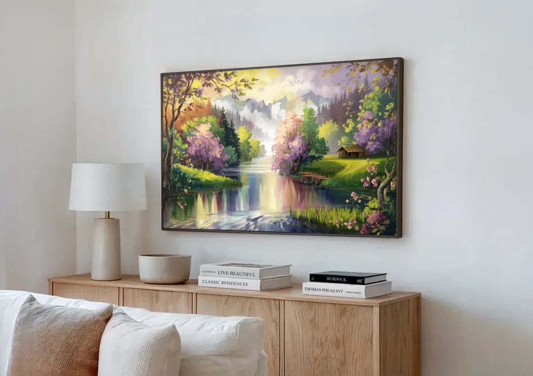 New Hope Scenic River Views canvas wall art above a wooden sideboard next to a sofa