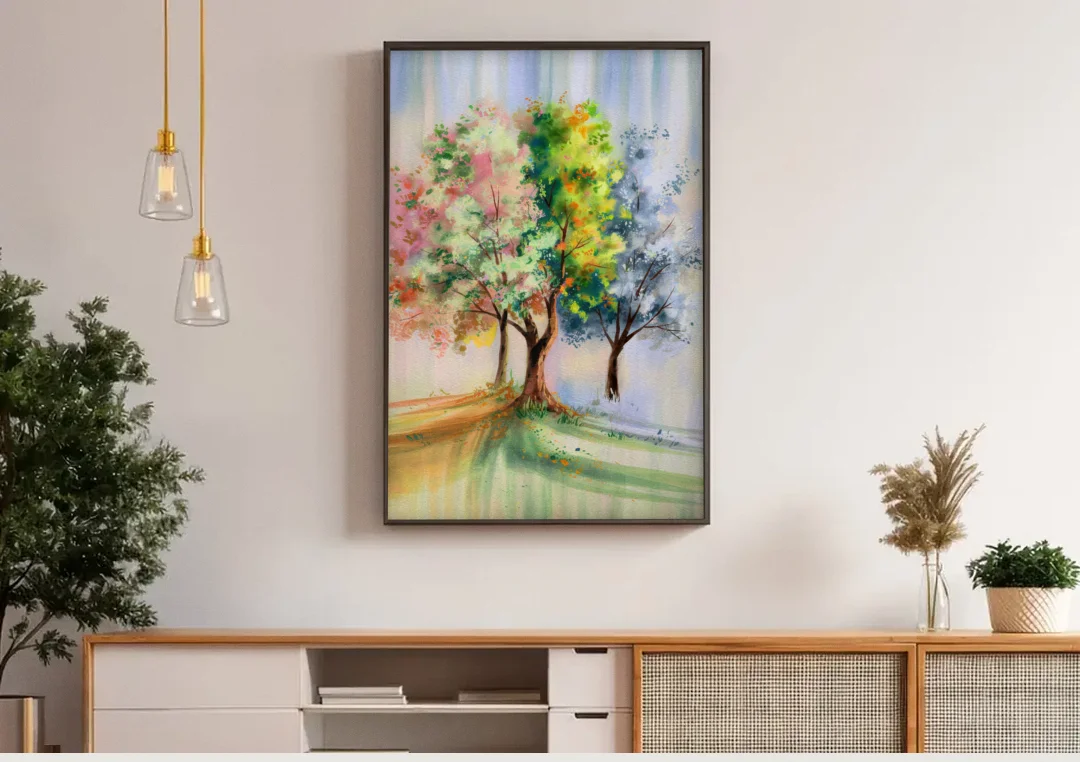 New Hope Seasonal Beauty canvas wall art above a wooden sideboard under pendant lights