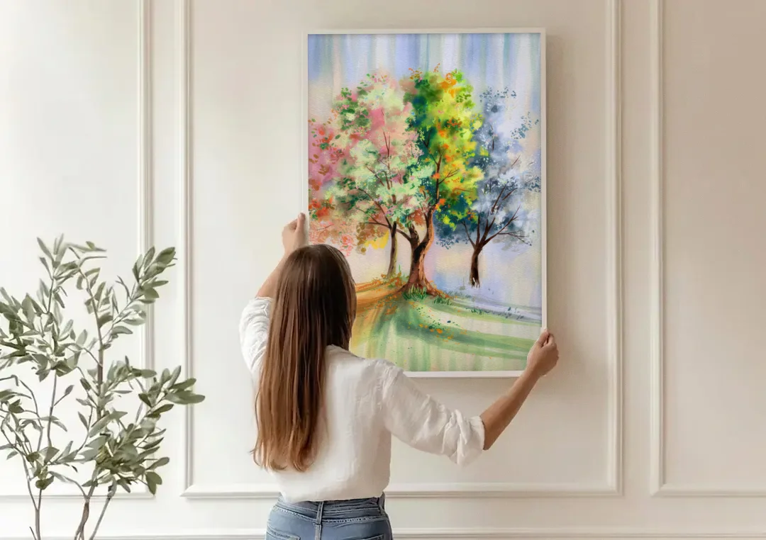 New Hope Seasonal Beauty canvas wall art being hung on a paneled wall
