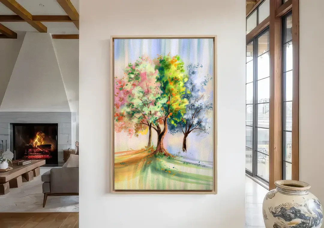 New Hope Seasonal Beauty canvas wall art in a living room with a fireplace