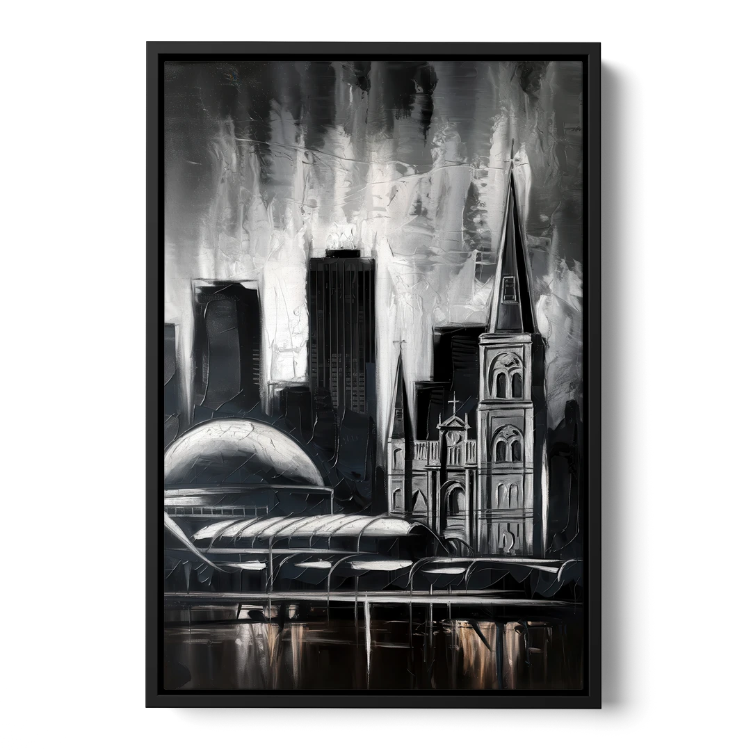 New Orleans Black and White Skyline - Black Framed Canvas Wall Art - Front