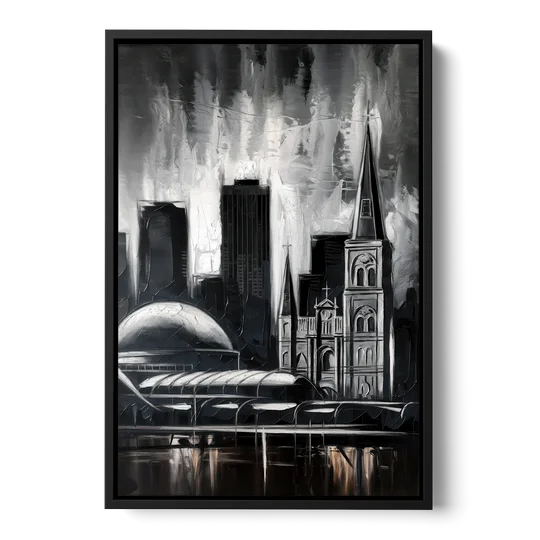 New Orleans Black and White Skyline - Black Framed Canvas Wall Art - Front