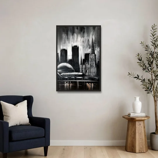 New Orleans Black and White Skyline - Black Framed Canvas Wall Art - Sofa - 24x36