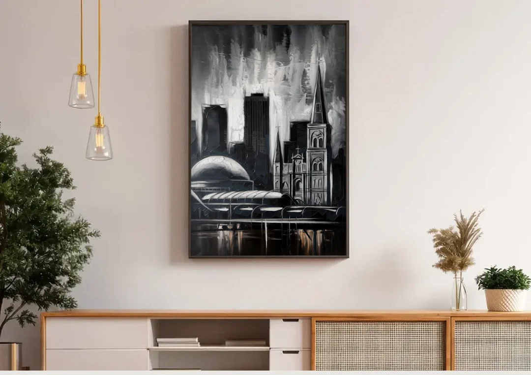 New Orleans Black and White Skyline canvas wall art above a wooden sideboard under pendant lights