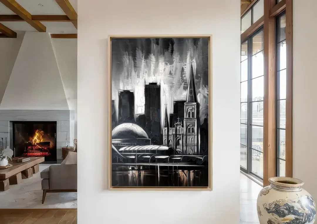 New Orleans Black and White Skyline canvas wall art in a living room with a fireplace