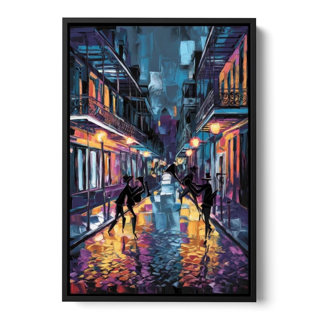 New Orleans Bourbon Street Vibes - Black Framed Canvas Wall Art - Front