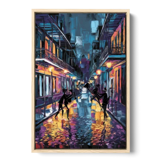 New Orleans Bourbon Street Vibes - Oak Framed Canvas Wall Art - Front