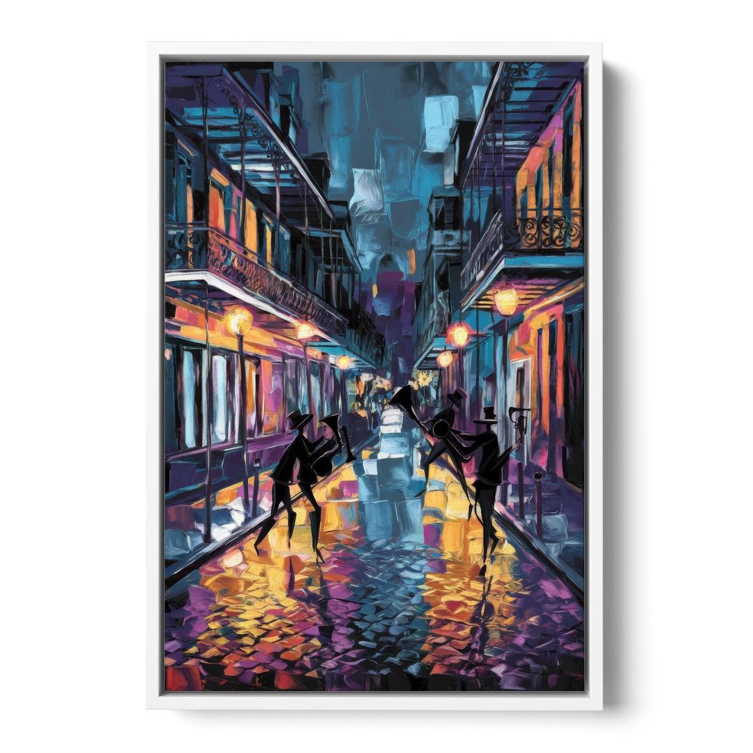 New Orleans Bourbon Street Vibes - White Framed Canvas Wall Art - Front