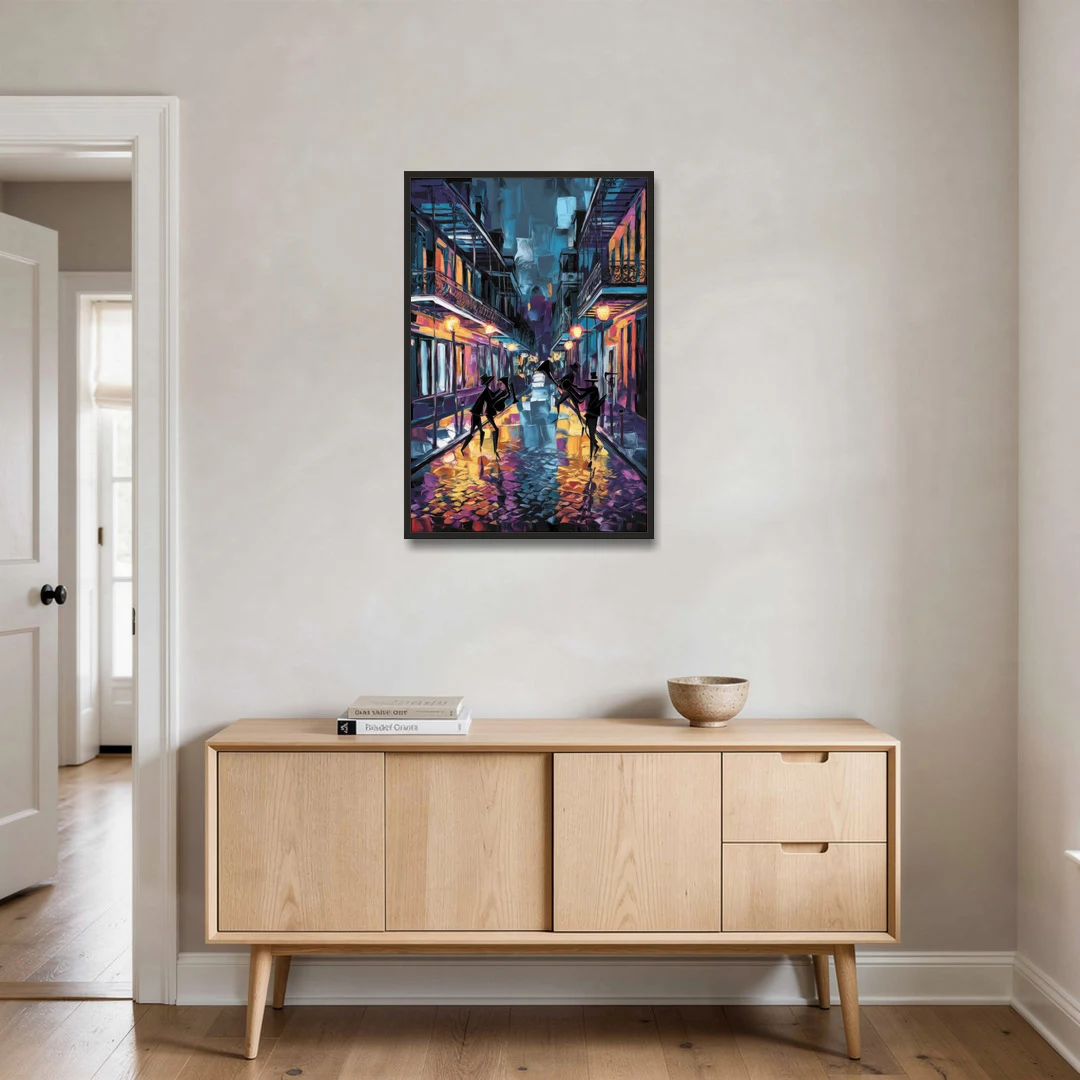 New Orleans Bourbon Street Vibes - Black Framed Canvas Wall Art - Coffee Table - 24x36