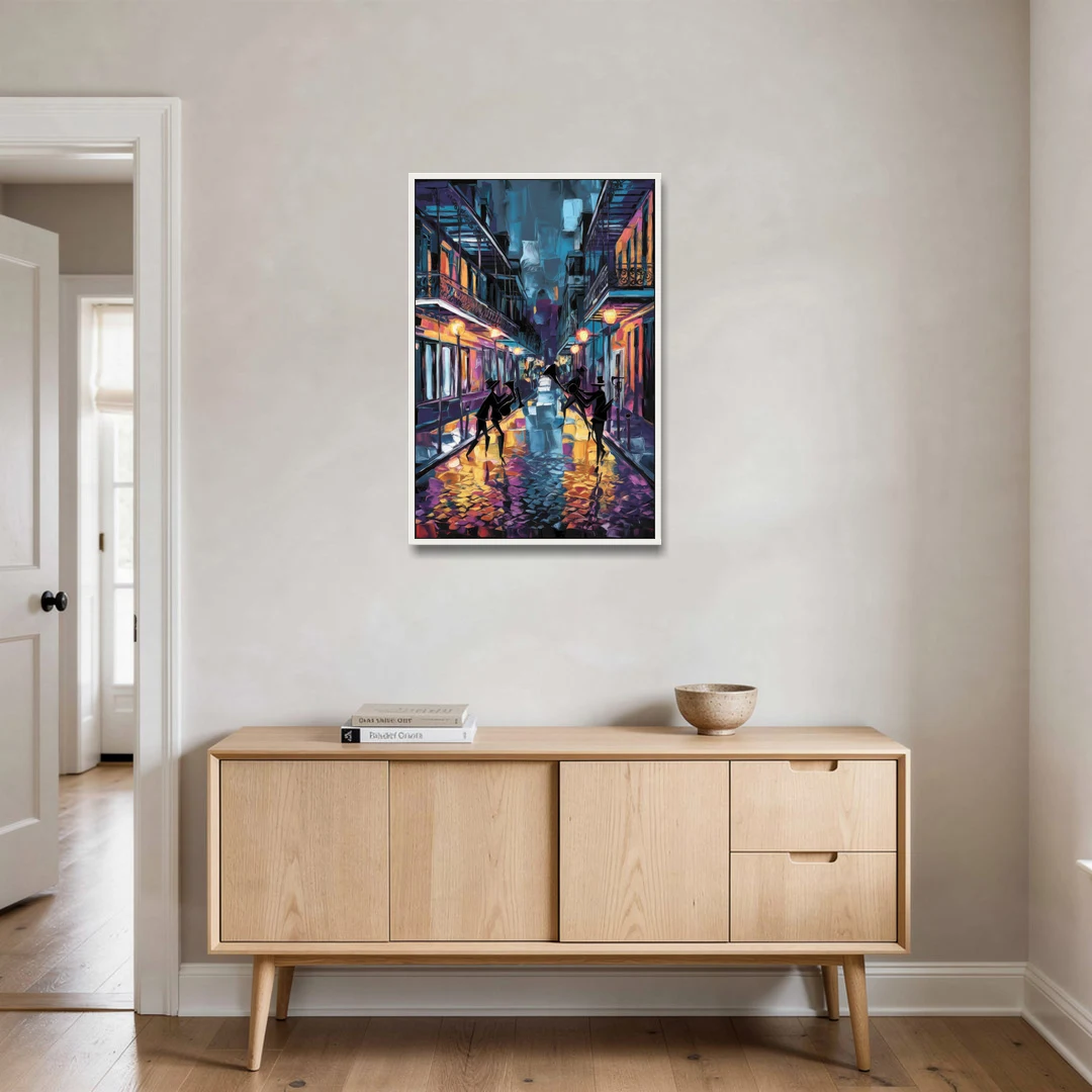 New Orleans Bourbon Street Vibes - White Framed Canvas Wall Art - Coffee Table - 24x36