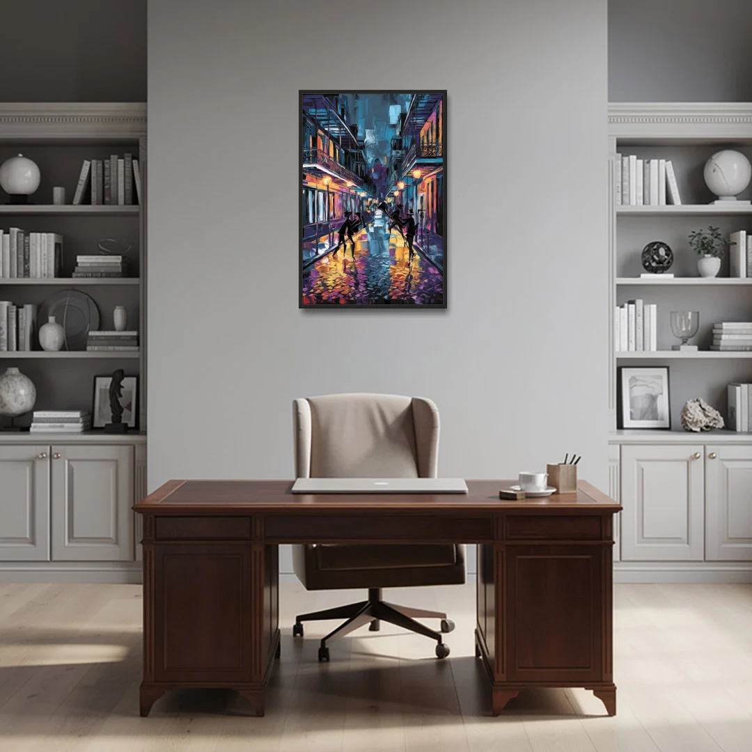 New Orleans Bourbon Street Vibes - Black Framed Canvas Wall Art - Office - 24x36