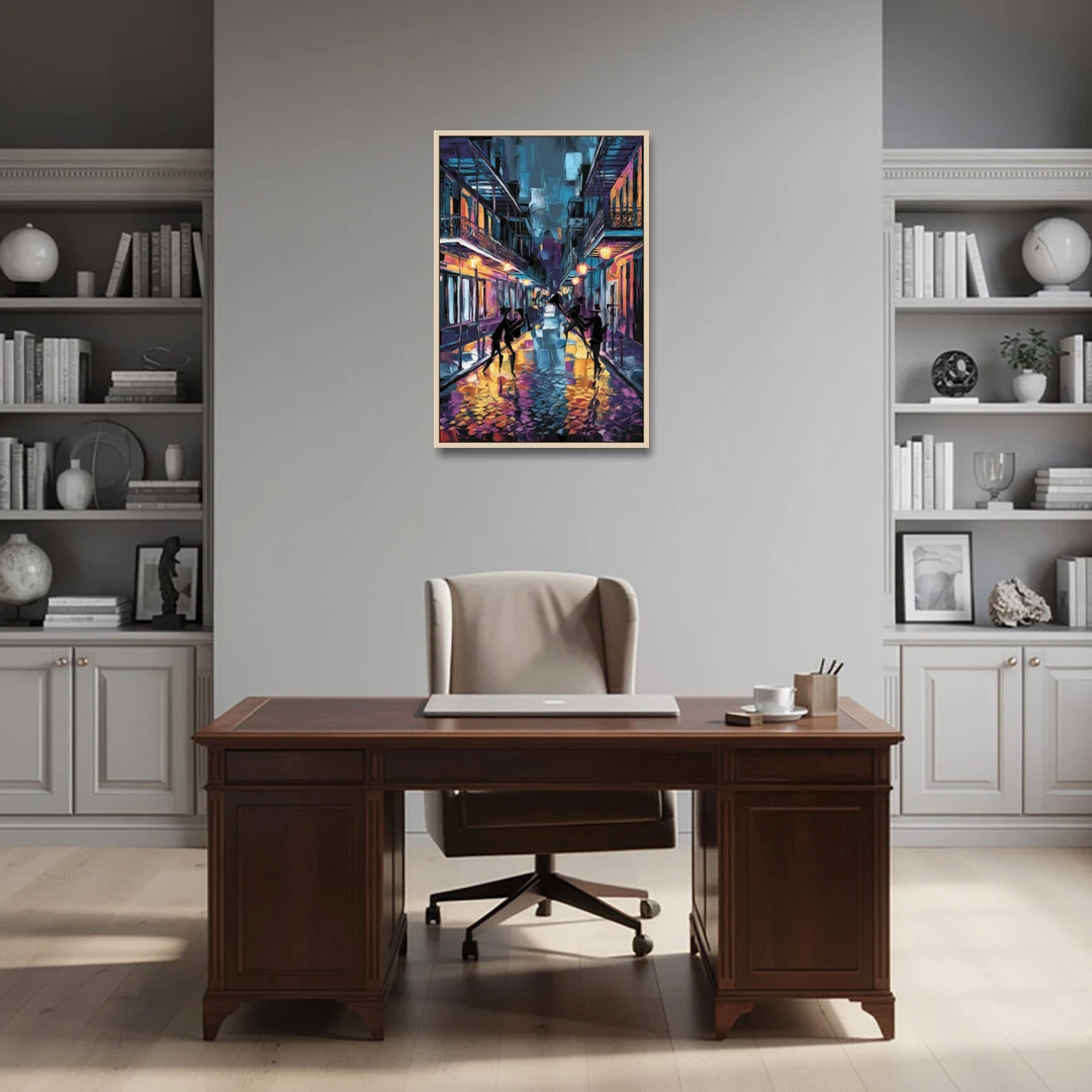 New Orleans Bourbon Street Vibes - Oak Framed Canvas Wall Art - Office - 24x36