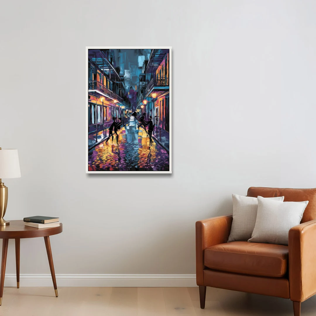 New Orleans Bourbon Street Vibes - White Framed Canvas Wall Art - Sofa - 24x36