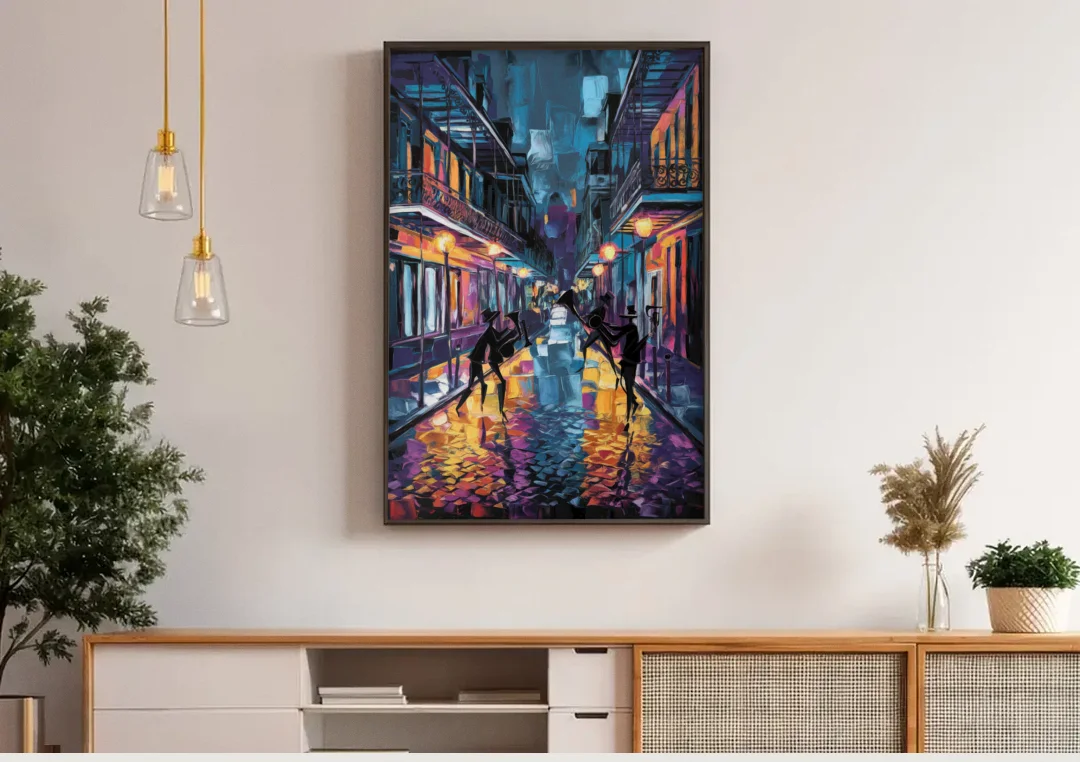 New Orleans Bourbon Street Vibes canvas wall art above a wooden sideboard under pendant lights