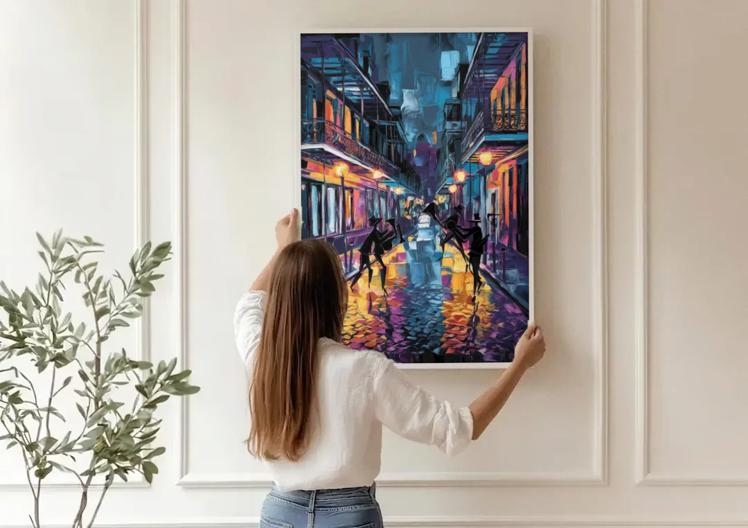 New Orleans Bourbon Street Vibes canvas wall art being hung on a paneled wall