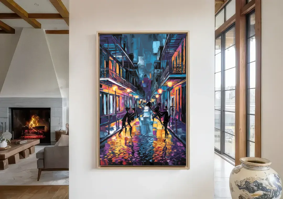 New Orleans Bourbon Street Vibes canvas wall art in a living room with a fireplace