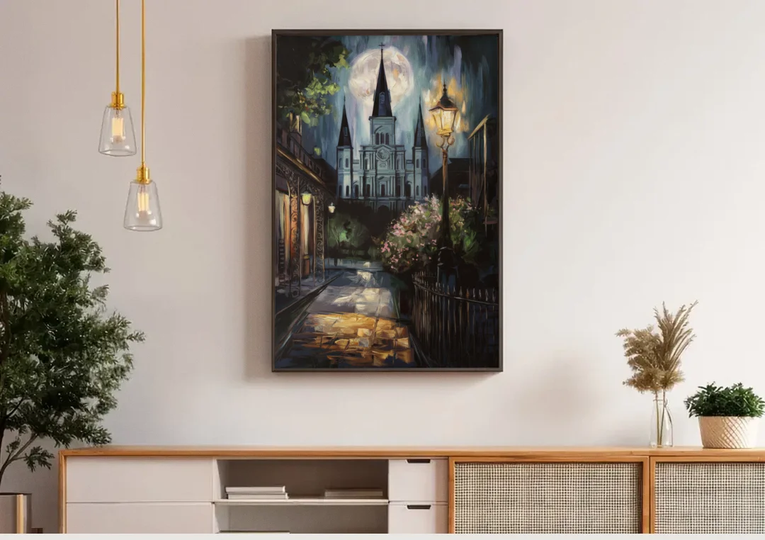 New Orleans Cathedral Silhouette canvas wall art above a wooden sideboard under pendant lights