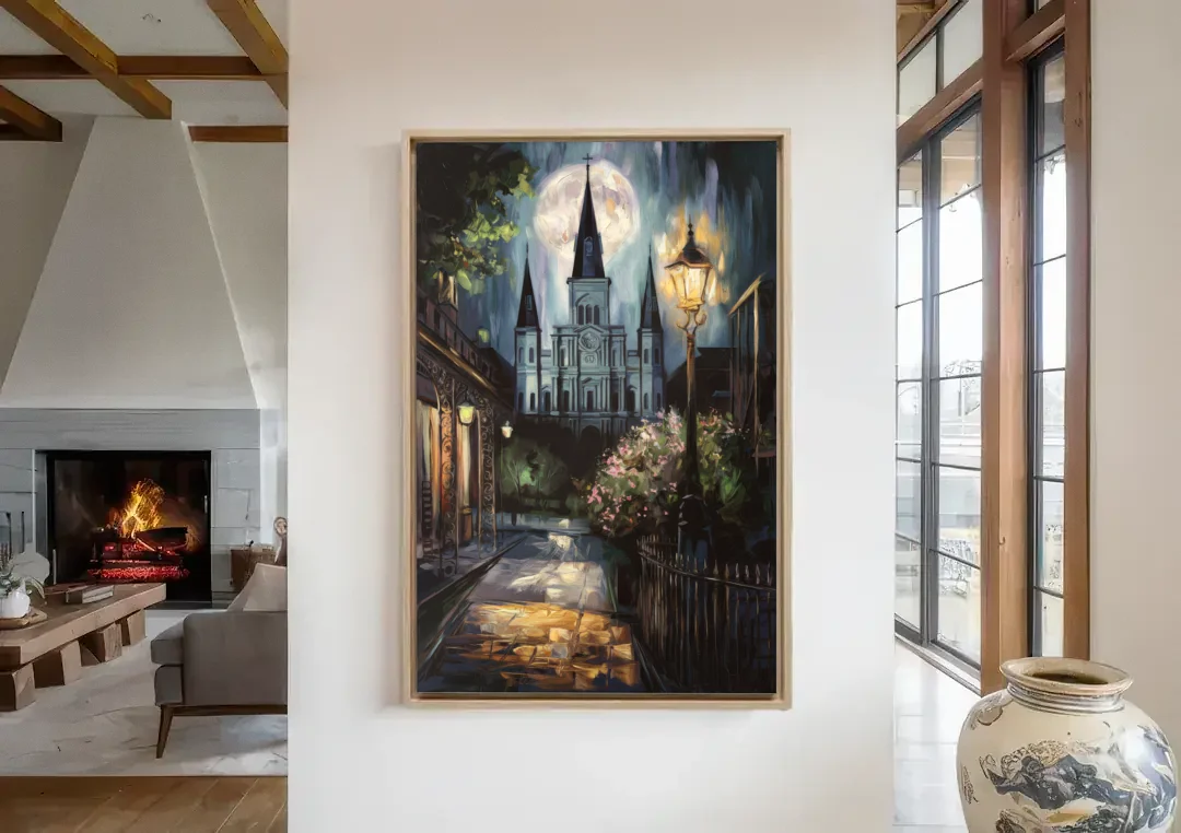 New Orleans Cathedral Silhouette canvas wall art in a living room with a fireplace