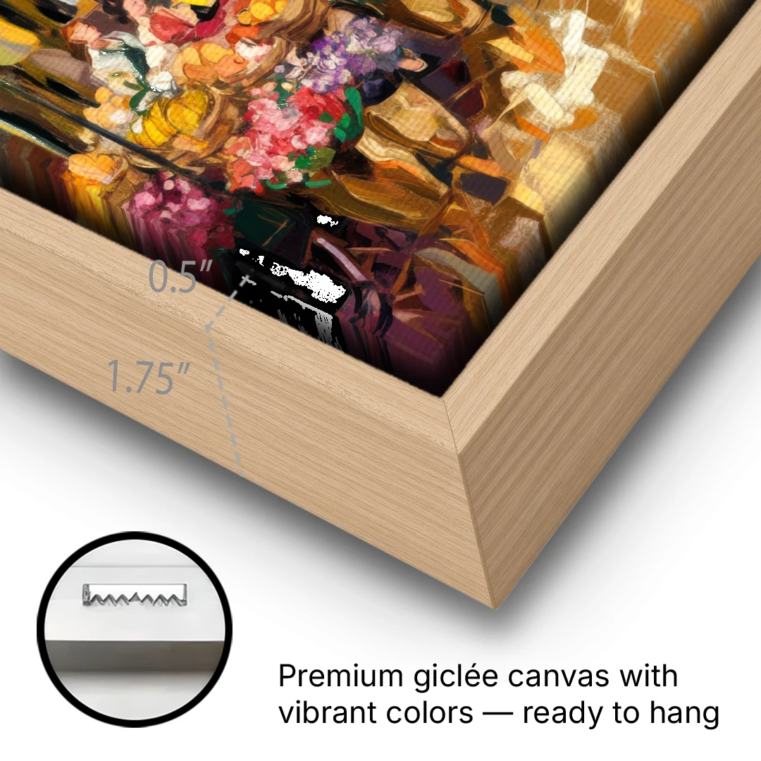New Orleans French Market Charm - Oak Framed Canvas Wall Art - Gallery Wrap Corner