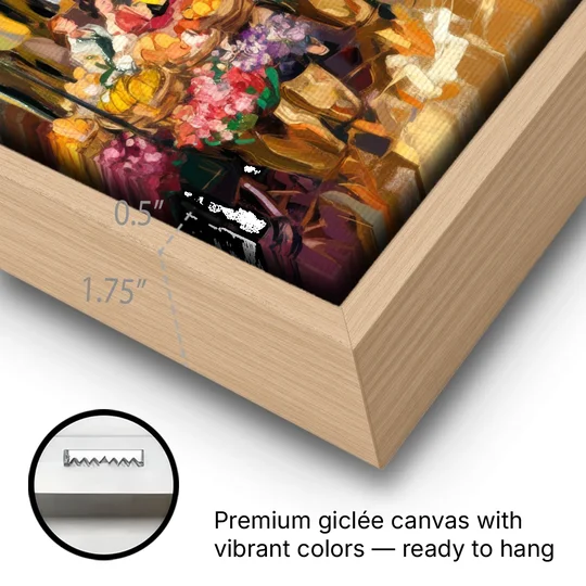 New Orleans French Market Charm - Oak Framed Canvas Wall Art - Gallery Wrap Corner