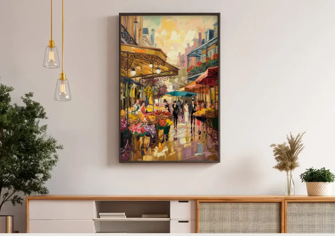 New Orleans French Market Charm canvas wall art above a wooden sideboard under pendant lights
