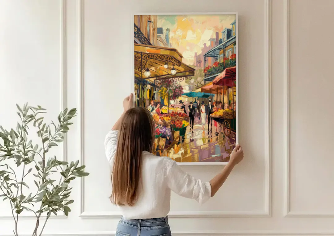 New Orleans French Market Charm canvas wall art being hung on a paneled wall