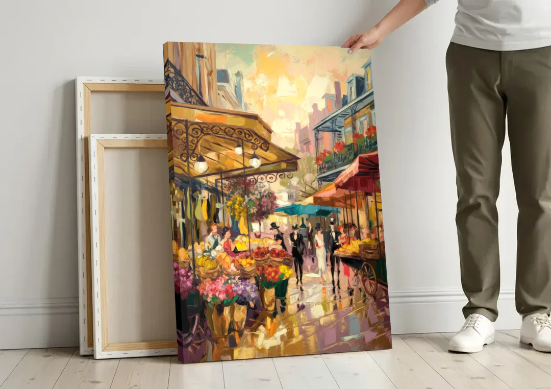 New Orleans French Market Charm canvas wall art leaning against a wall next to blank canvases