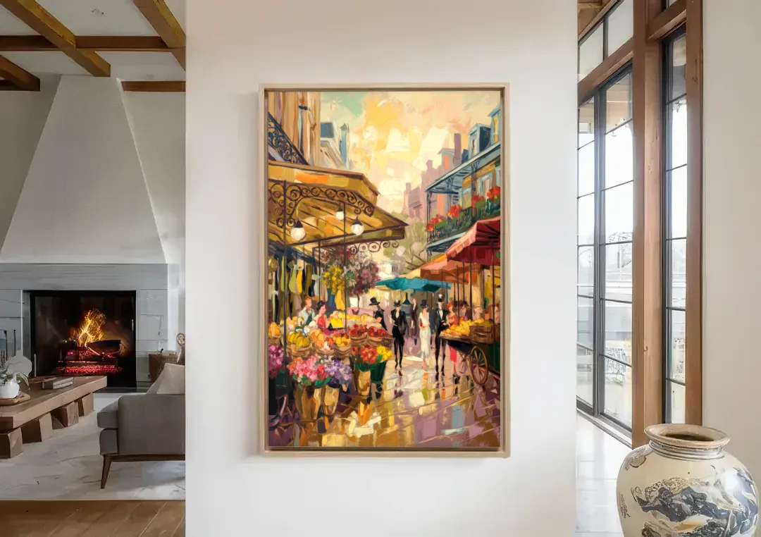 New Orleans French Market Charm canvas wall art in a living room with a fireplace