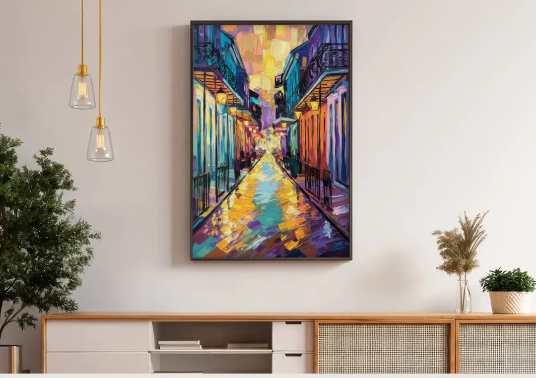 New Orleans French Quarter Lights canvas wall art above a wooden sideboard under pendant lights