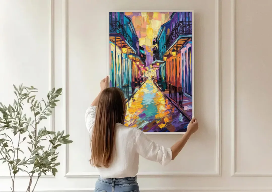 New Orleans French Quarter Lights canvas wall art being hung on a paneled wall