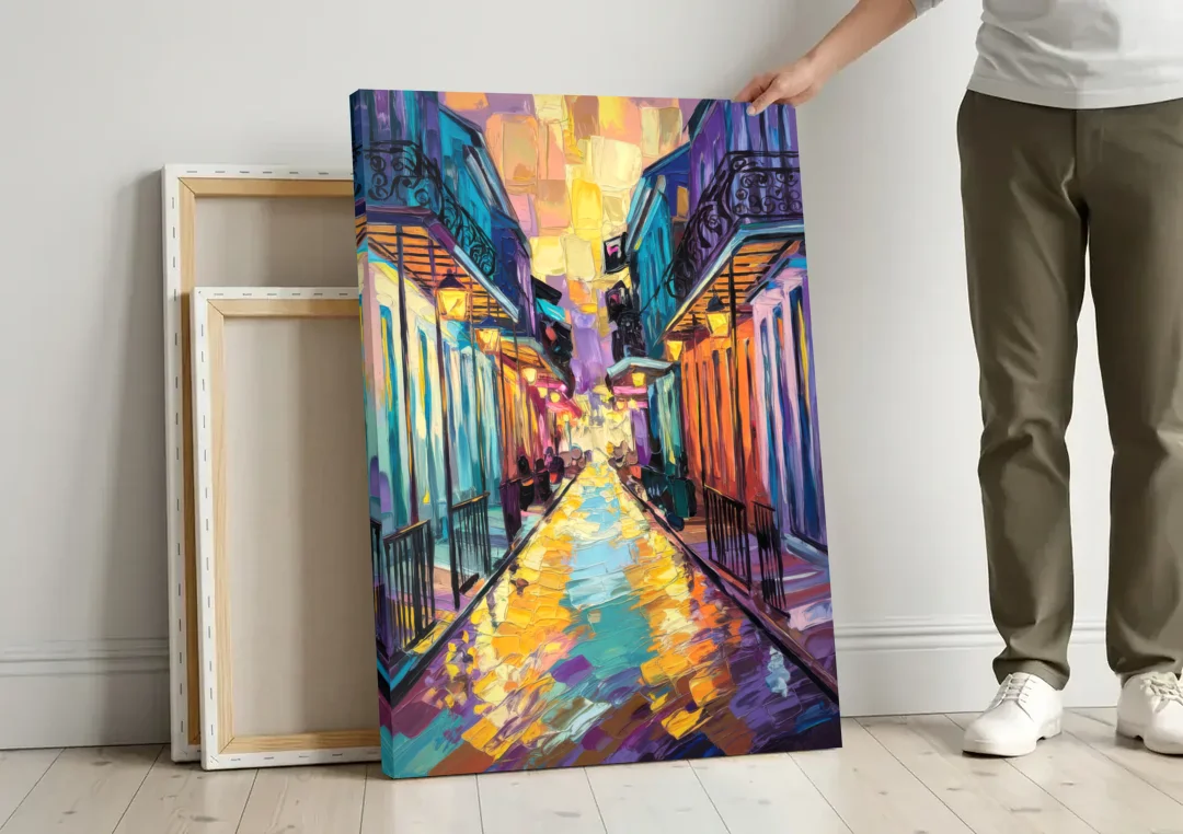 New Orleans French Quarter Lights canvas wall art leaning against a wall next to blank canvases