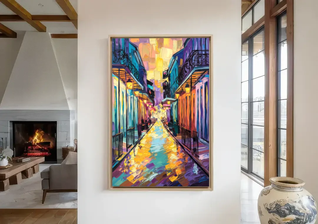 New Orleans French Quarter Lights canvas wall art in a living room with a fireplace
