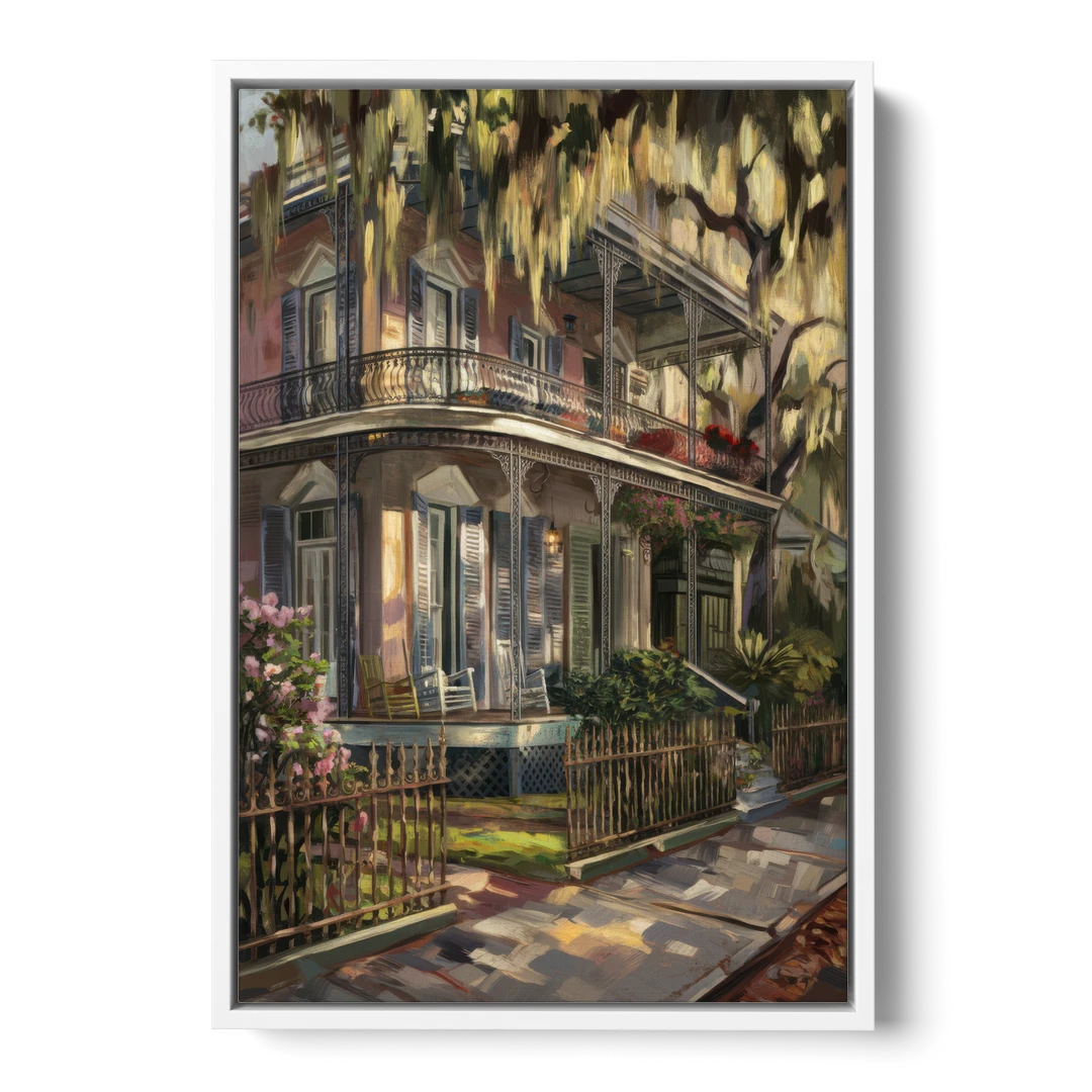 New Orleans Garden District Homes - White Framed Canvas Wall Art - Front