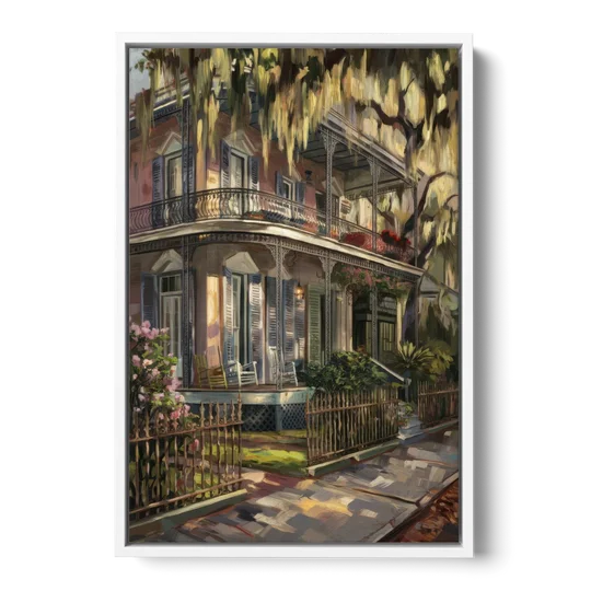 New Orleans Garden District Homes - White Framed Canvas Wall Art - Front