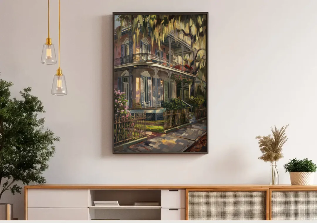 New Orleans Garden District Homes canvas wall art above a wooden sideboard under pendant lights